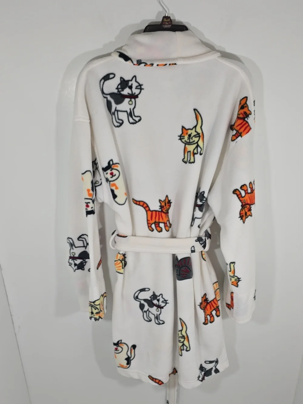 {Aegan Apparel} Soft Cat Print Fleece Robe White - ONE SIZE